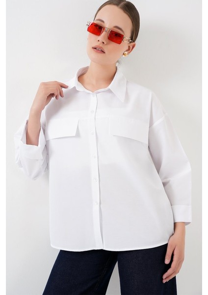 Cep Detaylı Oversize Gömlek 20313 - Beyaz