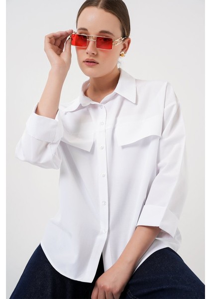 Cep Detaylı Oversize Gömlek 20313 - Beyaz modelleri