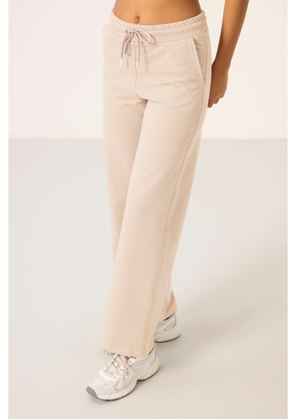 Ekru Dik Yaka Fermuarlı Pamuklu Kadın Eşofman Tunik Takım - 95346