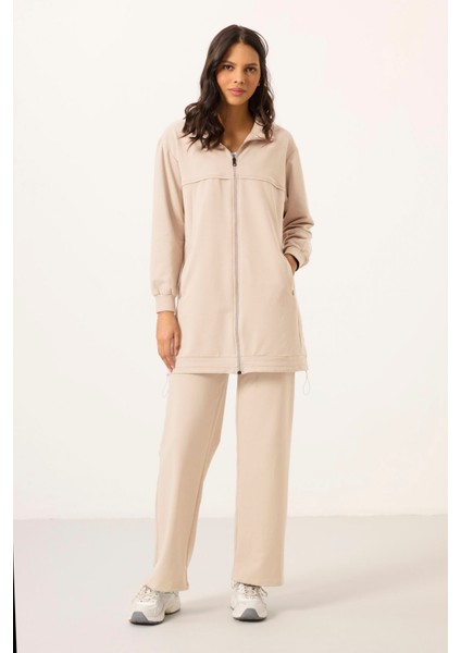 Ekru Dik Yaka Fermuarlı Pamuklu Kadın Eşofman Tunik Takım - 95346
