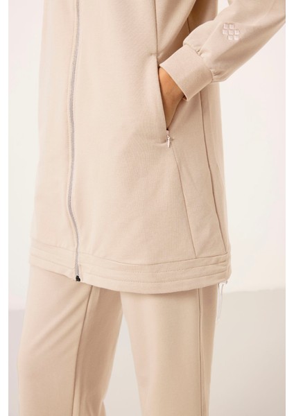 Ekru Dik Yaka Fermuarlı Pamuklu Kadın Eşofman Tunik Takım - 95346