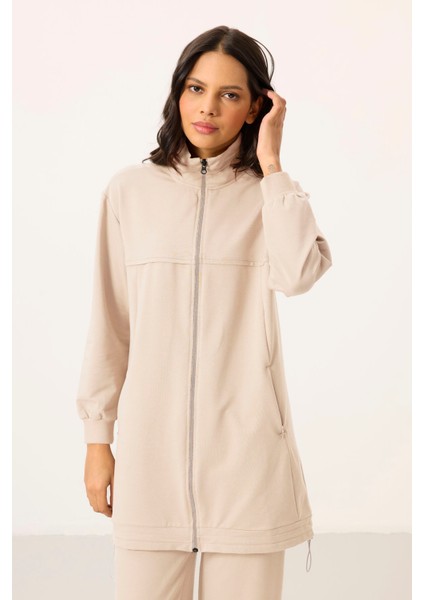 Ekru Dik Yaka Fermuarlı Pamuklu Kadın Eşofman Tunik Takım - 95346