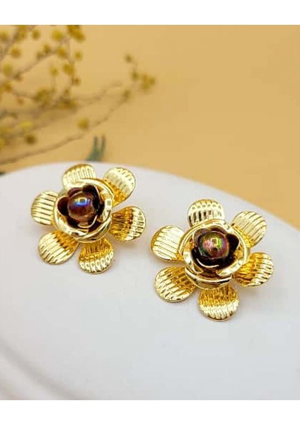 Taşlı Çiçek Gold Küpe