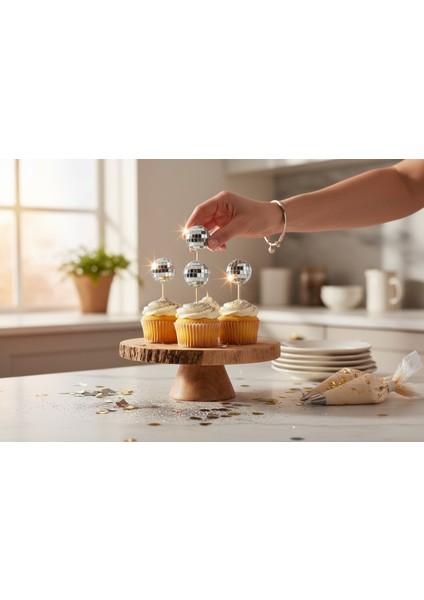 4'lü Disko Topu Pasta Süsü, Yılbaşı ve Saksı Süsü, Gümüş Parlak Tasarım