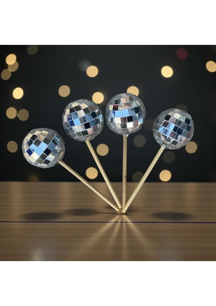 4'lü Disko Topu Pasta Süsü, Yılbaşı ve Saksı Süsü, Gümüş Parlak Tasarım