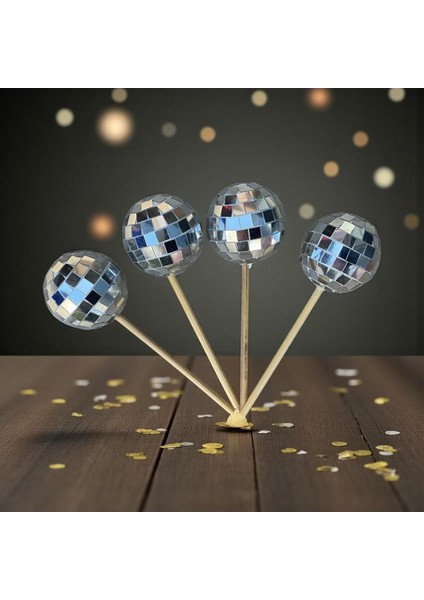 4'lü Disko Topu Pasta Süsü, Yılbaşı ve Saksı Süsü, Gümüş Parlak Tasarım
