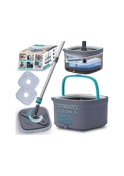 True & Tidy True Clean Paspas ve Kova Sistemi, Kare Döndürmeli Paspas, Çift Bölmeli Paspas Kovası V
