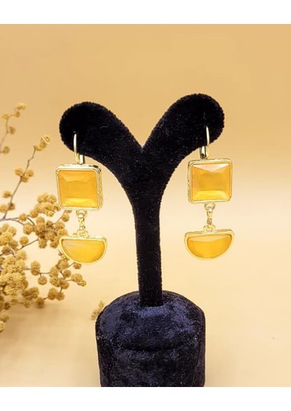 Sarı Kedi Gözü Sıvama Altın Kaplama Iki Geometrik Şekilli Küpe fırsatları