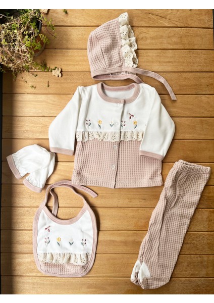 Turp Waffle Kumaş %100 Pamuk Fistolu Çiçekli 5'li Hastane Çıkış Seti-Pembe