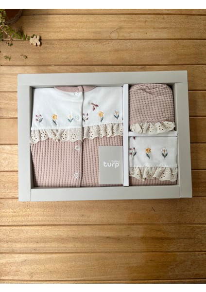 Turp Waffle Kumaş %100 Pamuk Fistolu Çiçekli 5'li Hastane Çıkış Seti-Pembe fiyatları