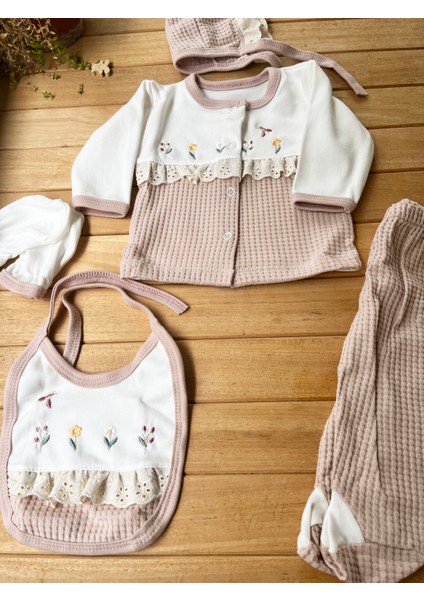 Turp Waffle Kumaş %100 Pamuk Fistolu Çiçekli 5'li Hastane Çıkış Seti-Pembe modelleri