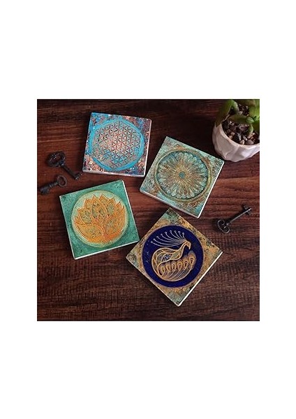 Pinecone Stone Lotus Çiçeği, Tavus Kuşu, Yaşam Çiçeği Taş Bardak Altlığı Seti - 4 Parça - Dekoratif