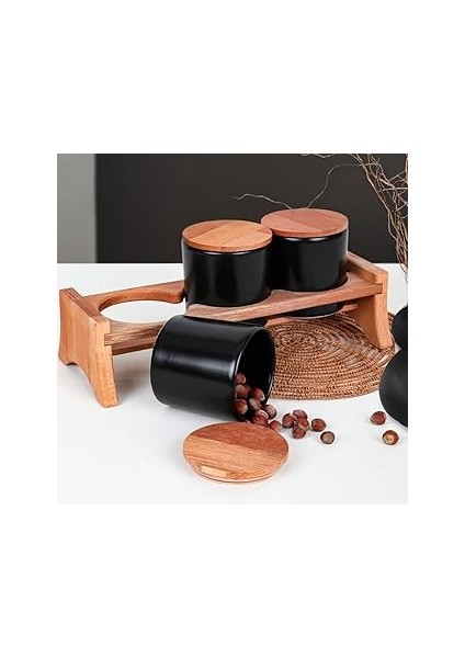 Keramika Mat Siyah Ege Ahşap Standlı Saklama Kabı 10 cm 3 Parça