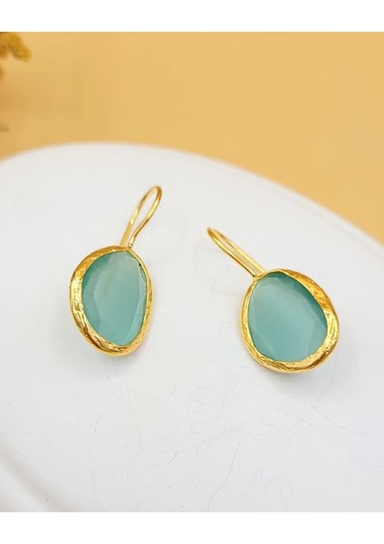 Su Yeşili Kedi Gözü Sıvama Altın Kaplama Oval Küpe