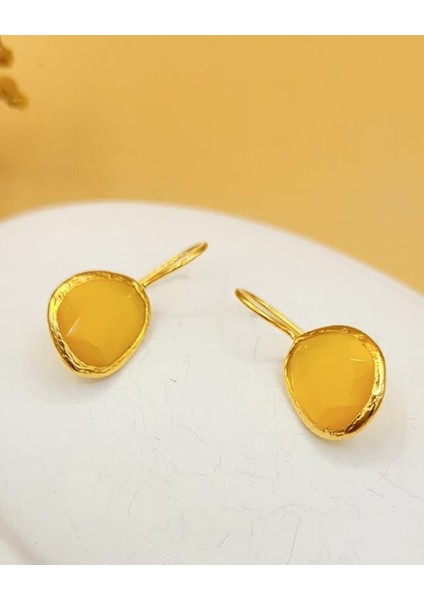 Sarı Kedi Gözü Sıvama Altın Kaplama Oval Küpe