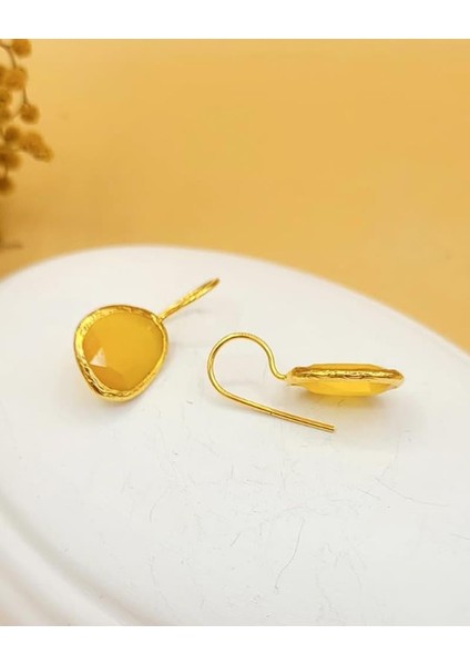 Sarı Kedi Gözü Sıvama Altın Kaplama Oval Küpe modelleri