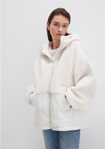 Peluş Detaylı Kapüşonlu Ekru Ceket 1110215-80194