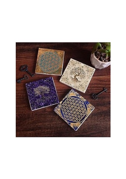 Pinecone Stone Yaşam Çiçeği, Hayat Ağacı Taş Bardak Altlığı Seti - 4 Parça - Dekoratif, Rustik Mutf