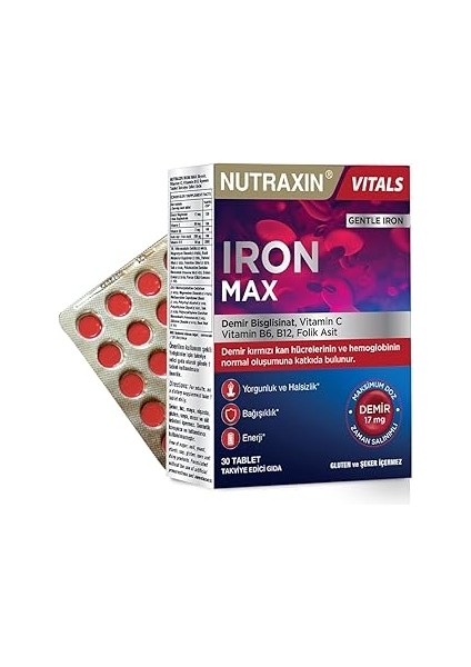 Nutraxin Iron 17 Mg 30 Tablet - Demir, C Vitamini, B6 Vitamini, Folik Asit, B12