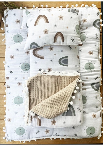 Gökkuşağı Desenli Çift Katlı Müslin ve Waffle Kumaş Alt Açma , Yastık ve Battaniye 3’lü Set 40×70 Tek Ebat