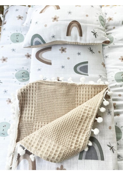 Gökkuşağı Desenli Çift Katlı Müslin ve Waffle Kumaş Alt Açma , Yastık ve Battaniye 3’lü Set 40×70 Tek Ebat fırsatları