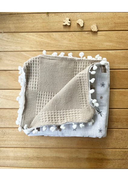 Gökkuşağı Desenli Çift Katlı Müslin ve Waffle Kumaş Alt Açma , Yastık ve Battaniye 3’lü Set 40×70 Tek Ebat