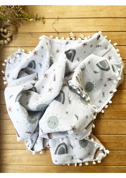 Gökkuşağı Desenli Çift Katlı Müslin ve Waffle Kumaş Alt Açma , Yastık ve Battaniye 3’lü Set 40×70 Tek Ebat