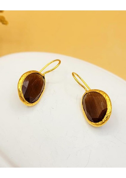 Kahverengi Kedi Gözü Sıvama Altın Kaplama Oval Küpe