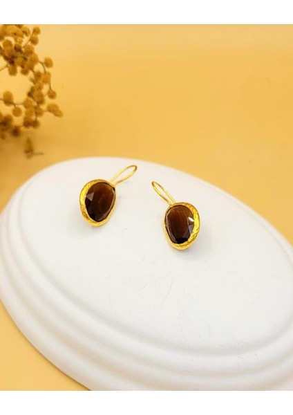 Kahverengi Kedi Gözü Sıvama Altın Kaplama Oval Küpe fiyatları