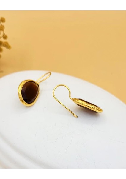 Kahverengi Kedi Gözü Sıvama Altın Kaplama Oval Küpe modelleri