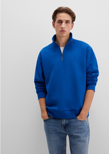 Yarı Fermuarlı Mavi Logo Baskılı Mavi Sweatshirt 0S10585-70907