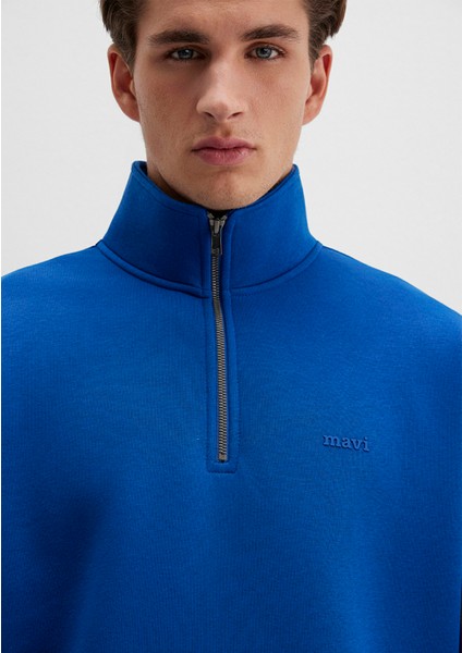 Yarı Fermuarlı Mavi Logo Baskılı Mavi Sweatshirt 0S10585-70907