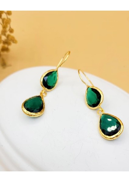 Zümrüt Yeşili Kedi Gözü Sıvama Altın Kaplama Çift Damla Küpe