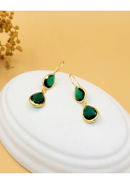 Zümrüt Yeşili Kedi Gözü Sıvama Altın Kaplama Çift Damla Küpe fiyatları