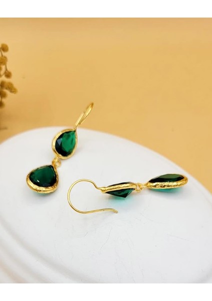 Zümrüt Yeşili Kedi Gözü Sıvama Altın Kaplama Çift Damla Küpe modelleri