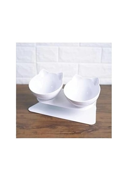 Tineke Standlı Kedi Kafalı Mama Kabı 2 Li Beyaz