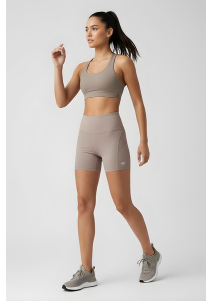 Koyu Bej Kemer Detaylı Yüksek Bel Slim Fit Kısa Biker Kadın Tayt - 91017 fiyatları