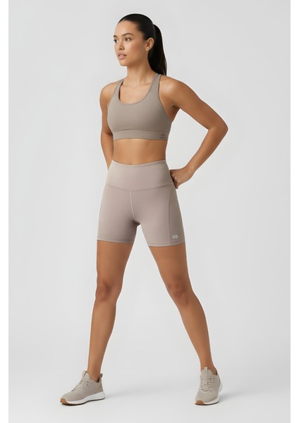 Koyu Bej Kemer Detaylı Yüksek Bel Slim Fit Kısa Biker Kadın Tayt - 91017 modelleri