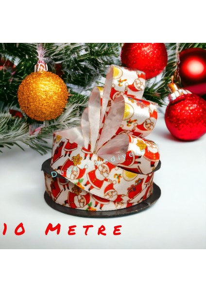 Kırmızı Saten Desenli Yılbaşı Kurdelesi, Kutu ve Ağaç Süsleme, 2,5cm, 10 Metre