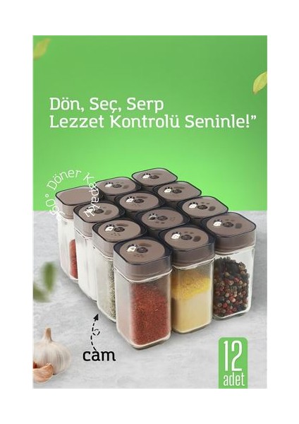 Hsnet Cam Tuzluk Baharatlık – 360° Döner Kapaklı | 3 Delik Tipiyle Ayarlanabilir Akış 12 Adet
