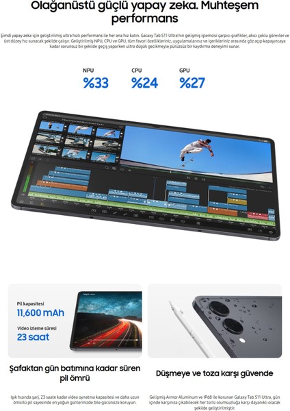 Gelişmiş Yapay Zeka Galaxy Tab S11 Ultra 14.6" Amoled 120Hz Dev Ekran S-Pen Dahil Profesyonel Tablet - Grafit + 128GB Hafıza Kartı Hediyeli modelleri