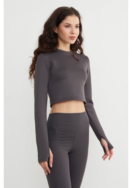 Basic Bisiklet Yaka Parmak Geçmeli Crop Bluz indirimleri