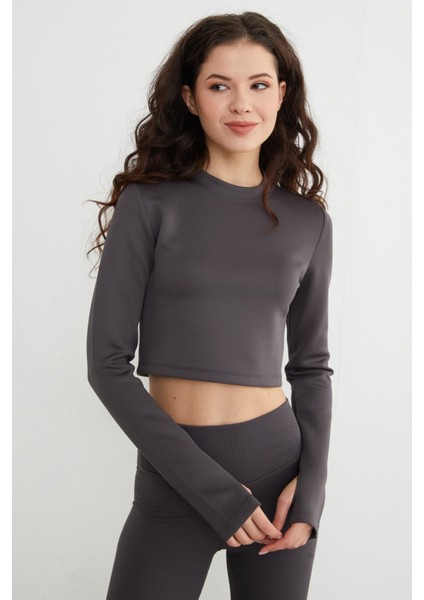 Basic Bisiklet Yaka Parmak Geçmeli Crop Bluz