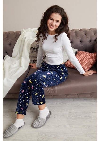 Çiçek Baskılı Kadife Pijama Altı