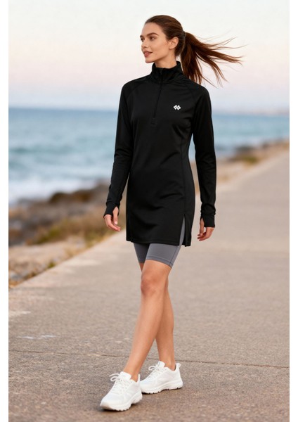 Siyah Yarım Fermuarlı Dik Yaka Standart Kalıp Kadın Sporcu Tunik - 97309 fiyatları