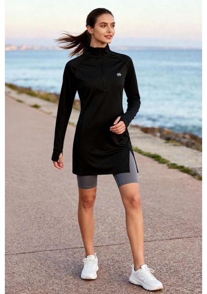 Siyah Yarım Fermuarlı Dik Yaka Standart Kalıp Kadın Sporcu Tunik - 97309 modelleri