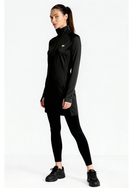 Siyah Yarım Fermuarlı Dik Yaka Standart Kalıp Kadın Sporcu Tunik - 97309 fırsatları