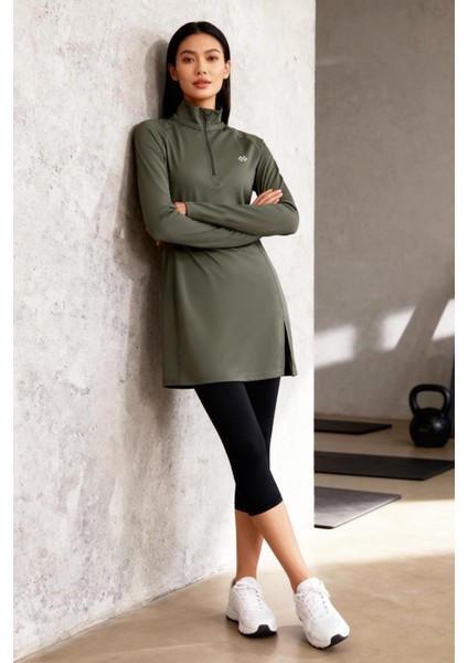 Haki Yarım Fermuarlı Dik Yaka Standart Kalıp Kadın Sporcu Tunik - 97309 fiyatları