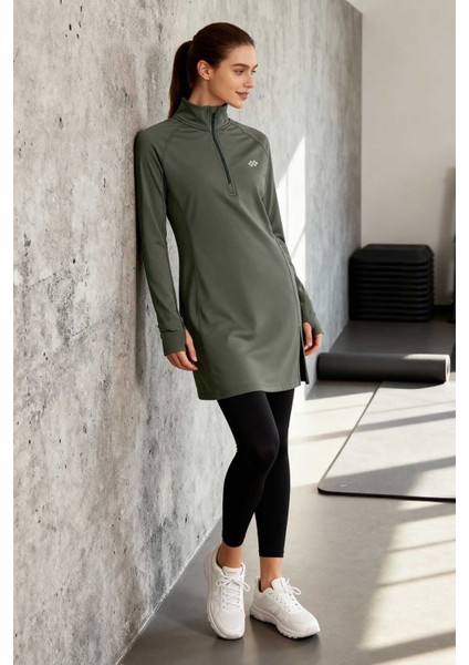 Haki Yarım Fermuarlı Dik Yaka Standart Kalıp Kadın Sporcu Tunik - 97309 modelleri