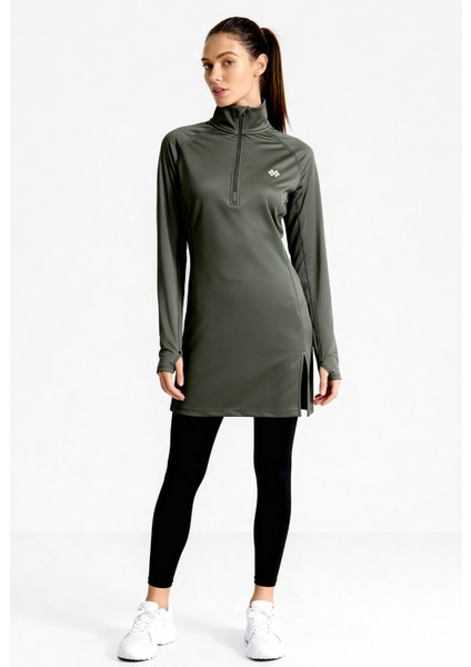 Haki Yarım Fermuarlı Dik Yaka Standart Kalıp Kadın Sporcu Tunik - 97309 fırsatları